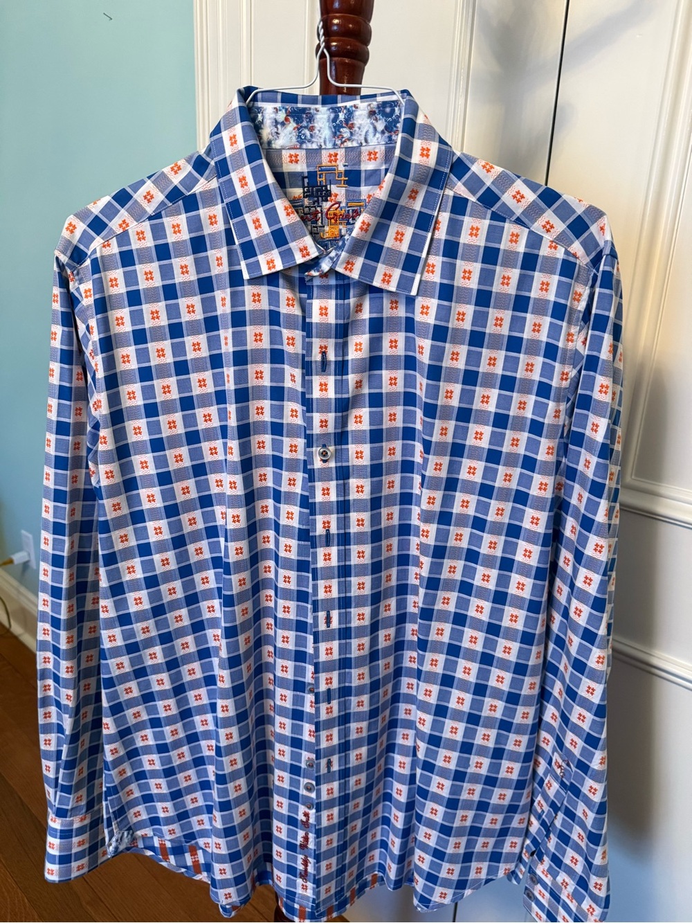 Robert Graham Blue and White Check Button-Down Shirt with Orange Accents